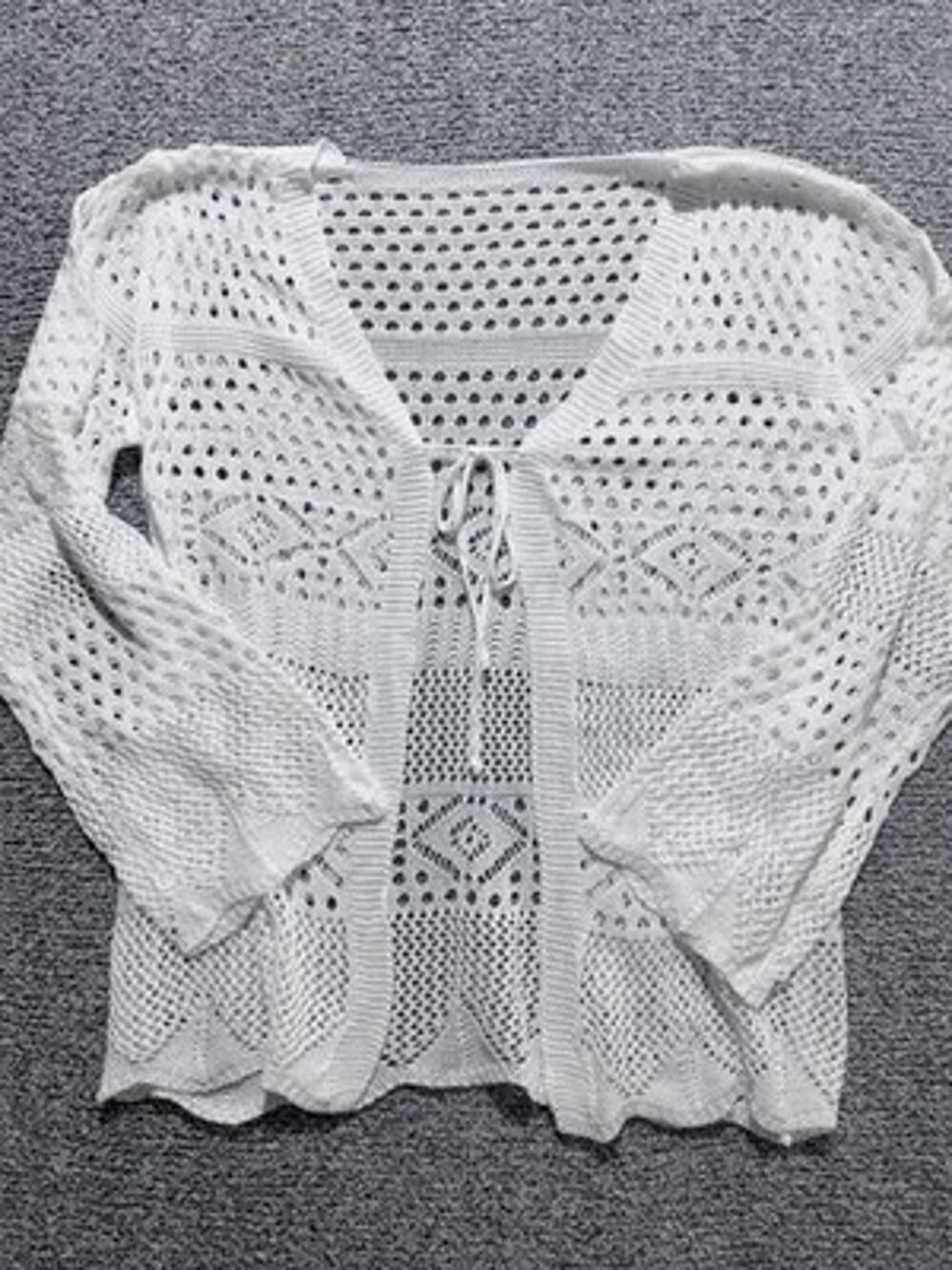 White Boho, Fairycore, Y2K, crochet, Fishnet, Open Front With Tie Cardigan New